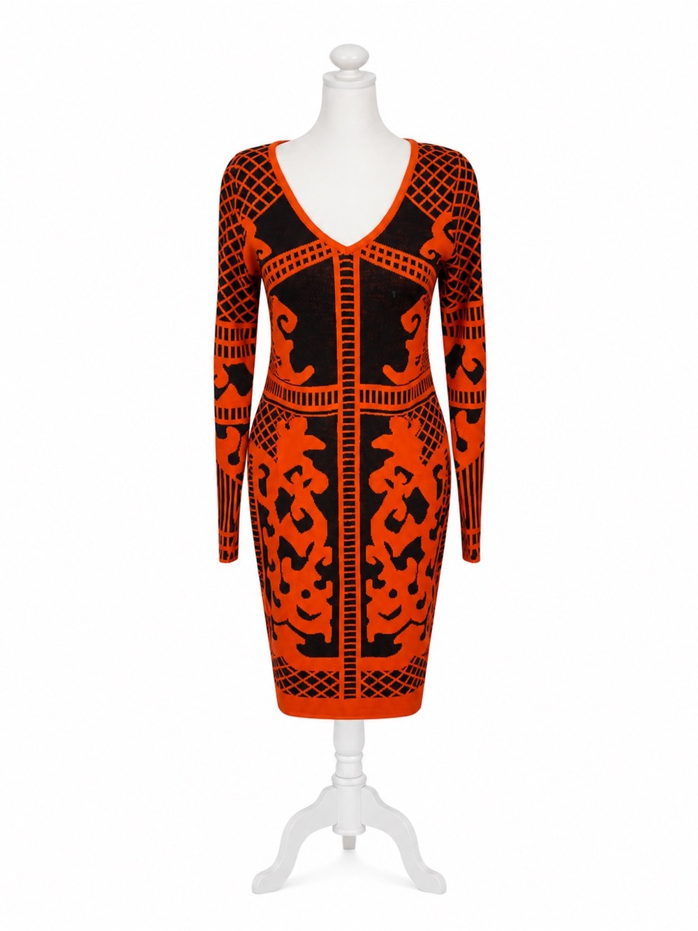 Venus Vibrant Orange & Black Patterned V‑Neck Knit Dress